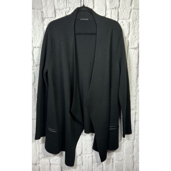 Eileen Fisher Minimalist MERINO Wool Open-Front Cardigan Pockets Leather Trim L - Picture 1 of 7